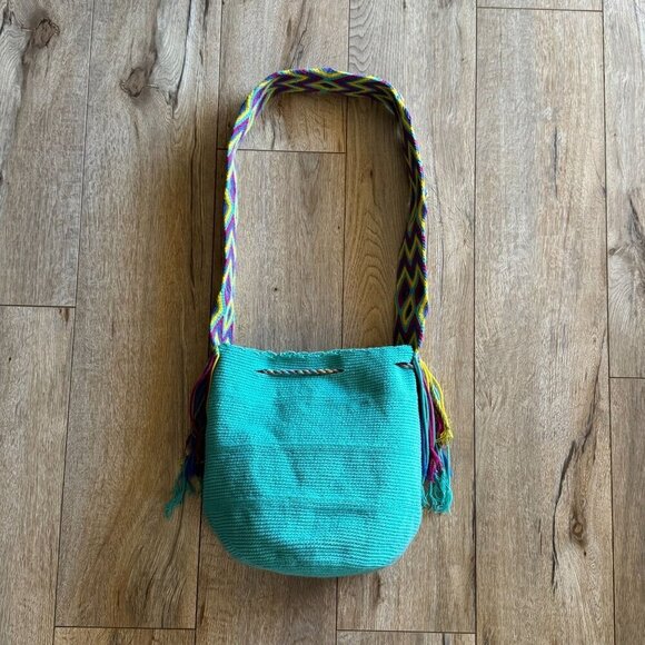 Wayuu Mochilla Teal Multi Color Woven Shoulder Soft Large Tassel Tie Bucket Bag - Picture 11 of 14